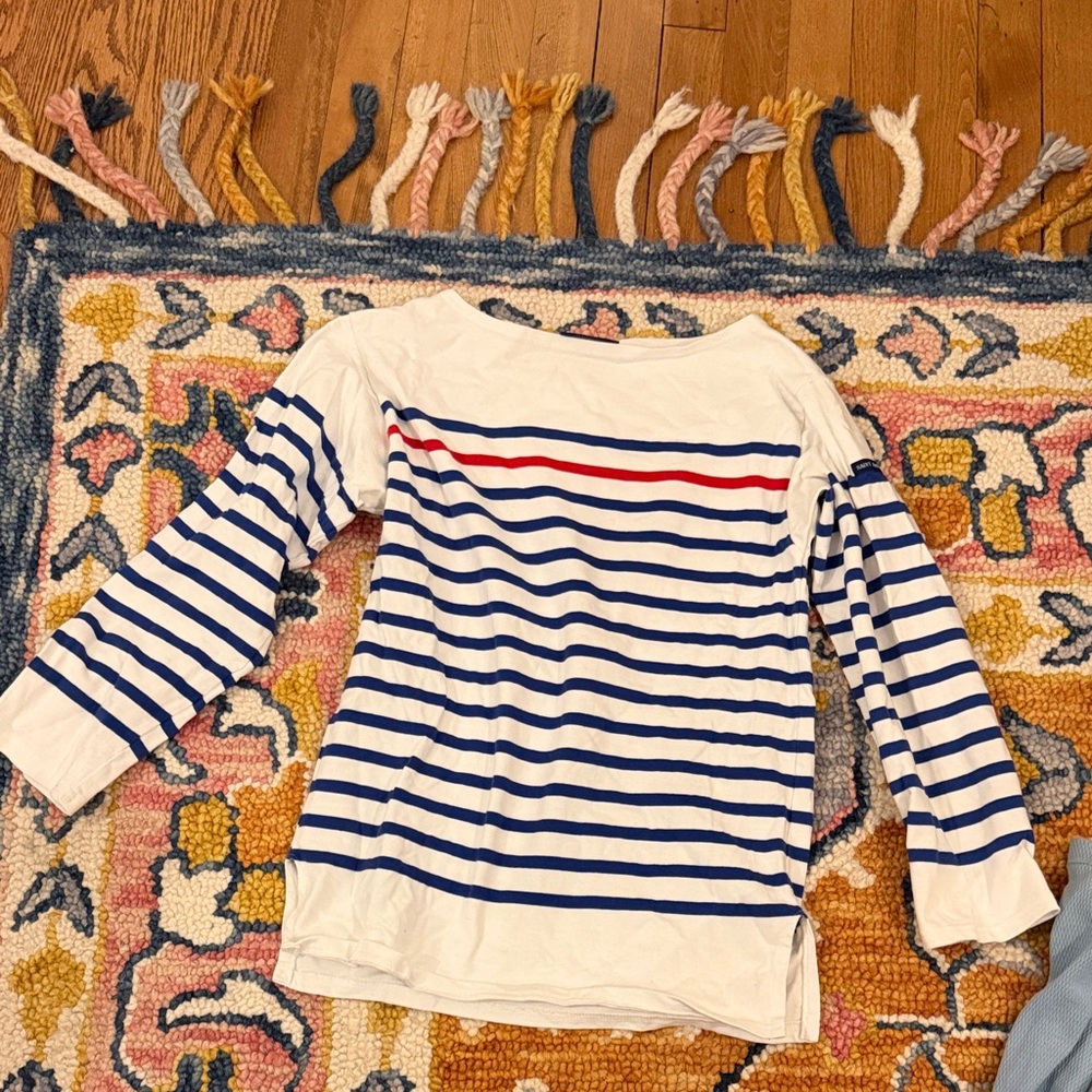 Saint James White Top with Navy Stripes and Red Accent